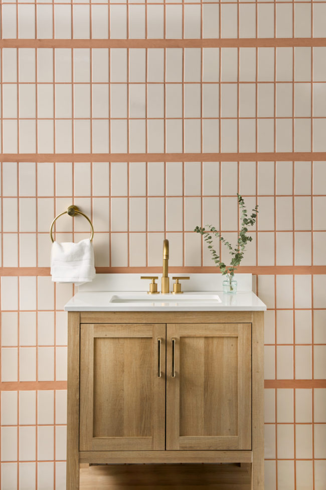 Beige Ceramic Subway Tile Bathroom Backsplash Thick Grout Joints