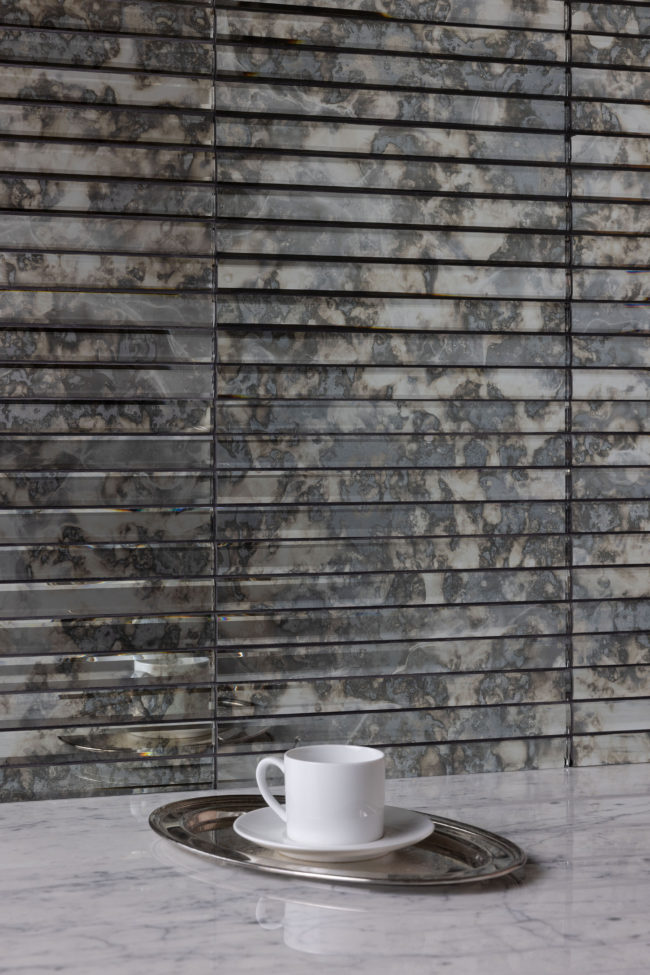 Regency 1" x 12" Antiqued Silver Stacked Mosaic Installed as Accent Wall