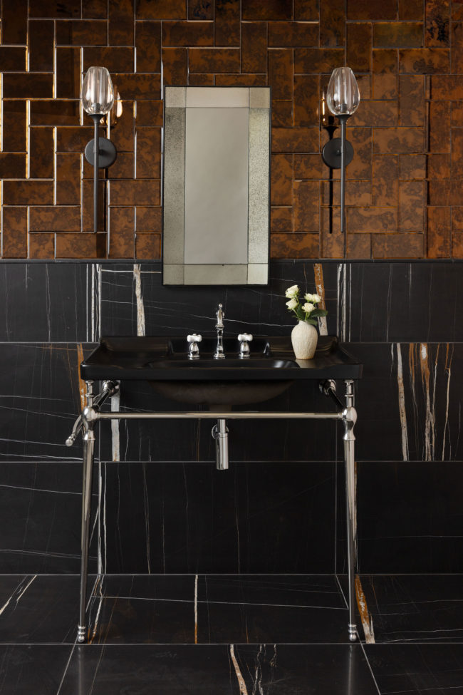 Regency 4" x 8" Antiqued Bronze Mirrored Glass Tile Installed as Bathroom Backsplash