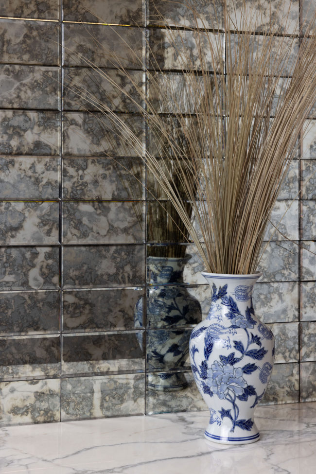 Regency 1" x 12" Antiqued Silver Stacked Mosaic Installed as Accent Wall