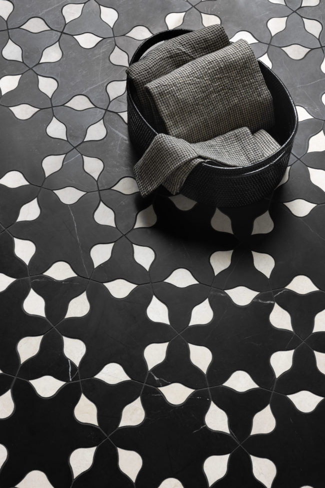 dyad tile collection tile installation. black and white geometric marble mosaic floor.